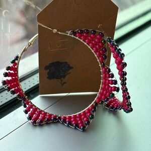 Vibrant Pink Beaded Hoop Earrings with Accent Beads Handmade